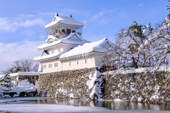 Toyama Castle surrounded by snow, with its white walls and stone base reflected in a partially frozen moat.