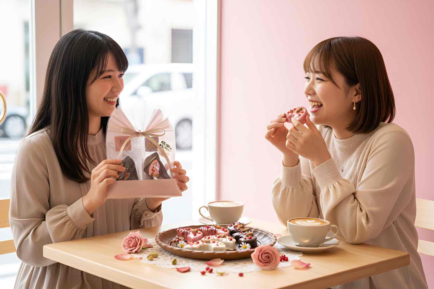 Two women sitting in a café sharing and exchanging chocolates, representing tomo choco on Valentine’s Day in Japan.