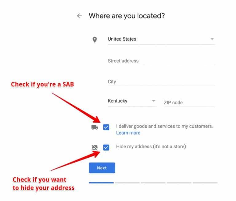 GMB Service Area Business UI as of February 2019