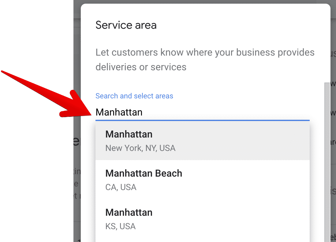 Google My Business Service Area Dropdown