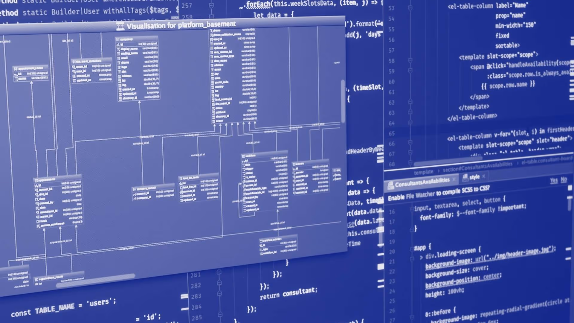 Varias pantallas que muestran código, representando un sistema de arquitectura de datos.