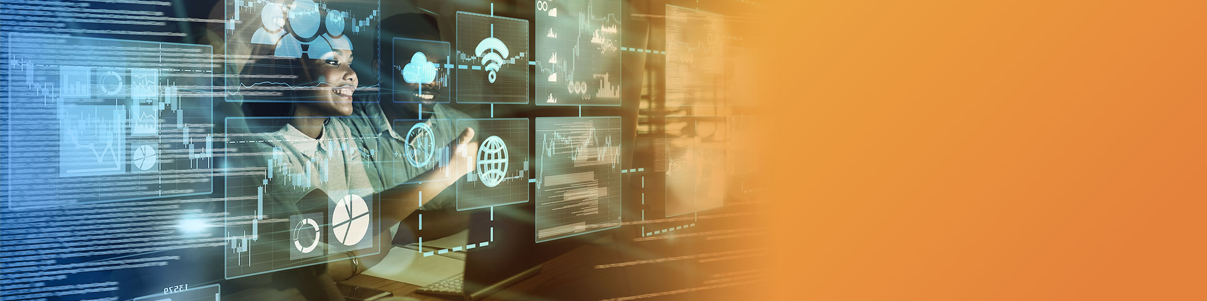 A diverse group of professionals looking over paperwork and smiling.