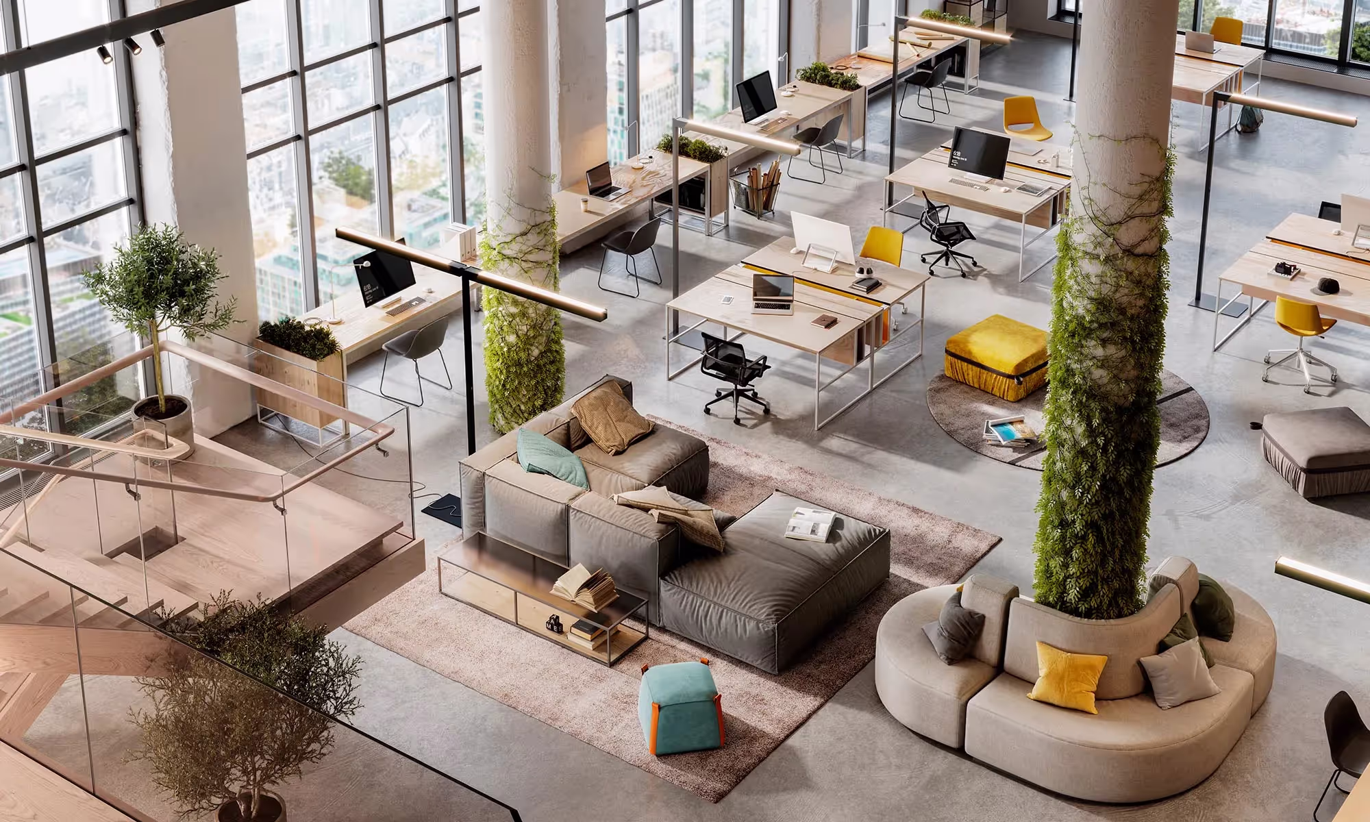 Åbent kontorlandskab med rene møbler, stole, tæpper, puder og sofa