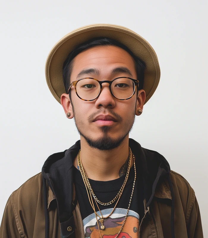 Portrait of a young man wearing round glasses, a tan hat, and layered gold necklaces over a graphic t-shirt and brown jacket.