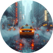 Yellow taxi driving on a rainy city street with neon lights and mist in a dense urban area.