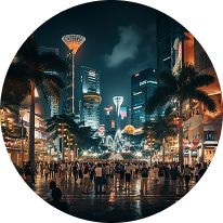 Crowded urban street at night with illuminated modern skyscrapers and palm trees.