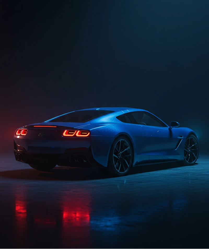 Blue sports car with illuminated rear lights parked on reflective floor in dark setting.