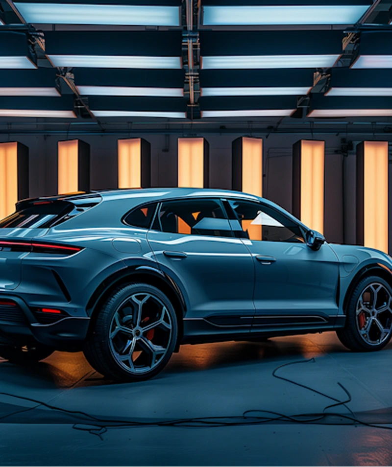 Side view of a blue luxury SUV with modern design parked indoors under bright vertical and horizontal lights.