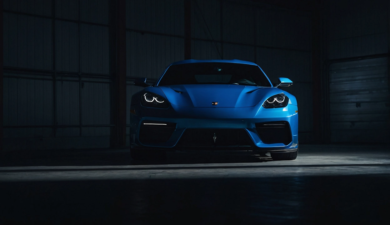 Front view of a blue sports car with headlights on, parked inside a dimly lit garage.