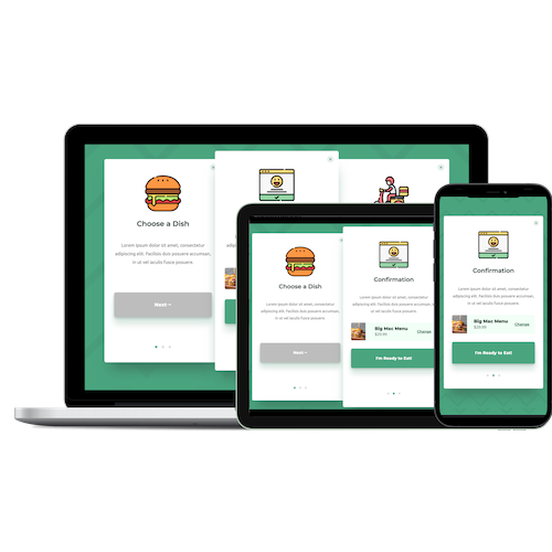A laptop, tablet, and smartphone display a food ordering app showing a hamburger menu, order confirmation, and delivery icons.