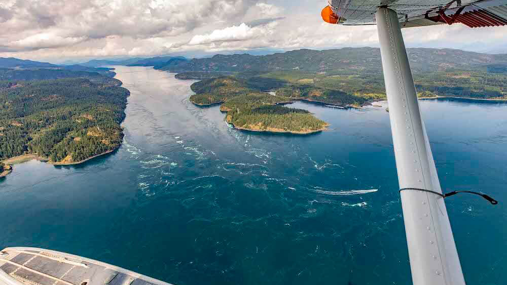 areal view of brentwood bay marina and boats sailing off the short of Saanich BC