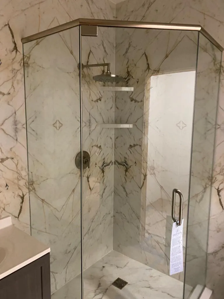 Luxury Walk-In Shower with Calacatta-Inspired Porcelain Walls