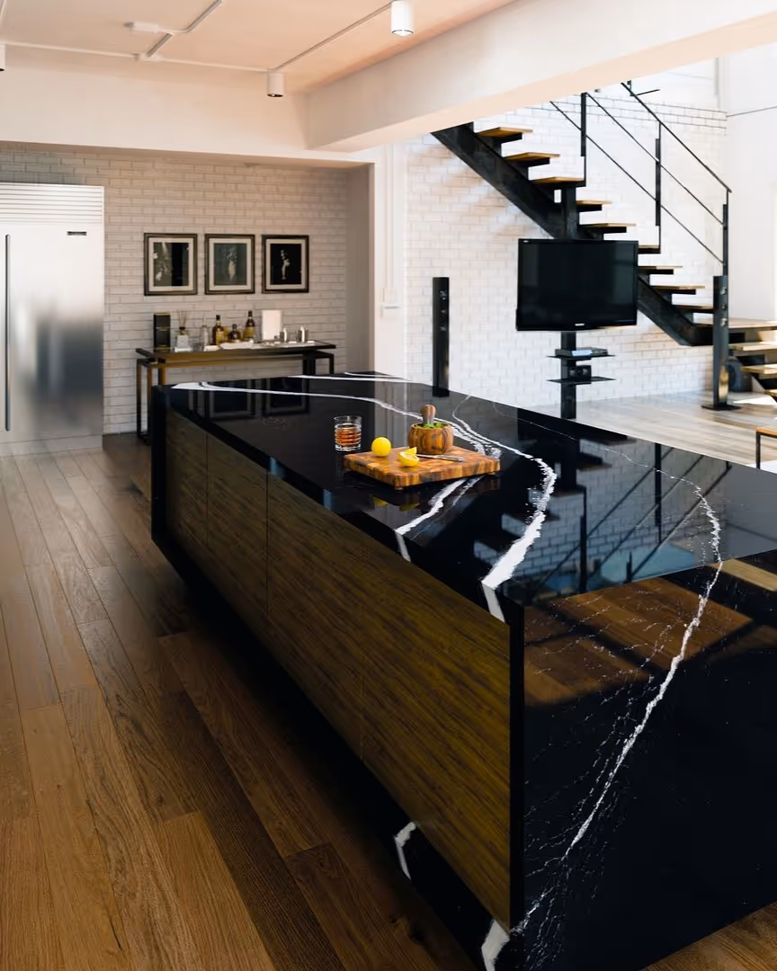 Modern kitchen island with Mersey Cambria Quartz featuring bold black surface and striking white veining
