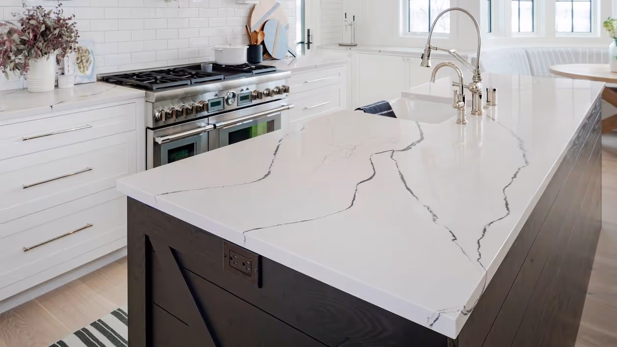 Transitional kitchen with Gladstone Cambria Quartz countertop showcasing soft white base and elegant veining