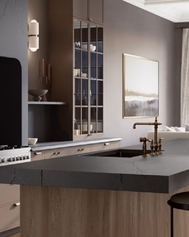 Detailed view of Inverness Stonestreet Cambria Quartz surface highlighting its textured matte finish and dark elegance