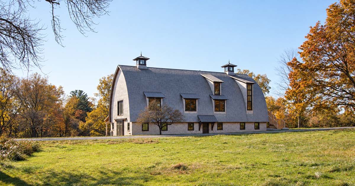 contemporary shingle clad arched-roof barn