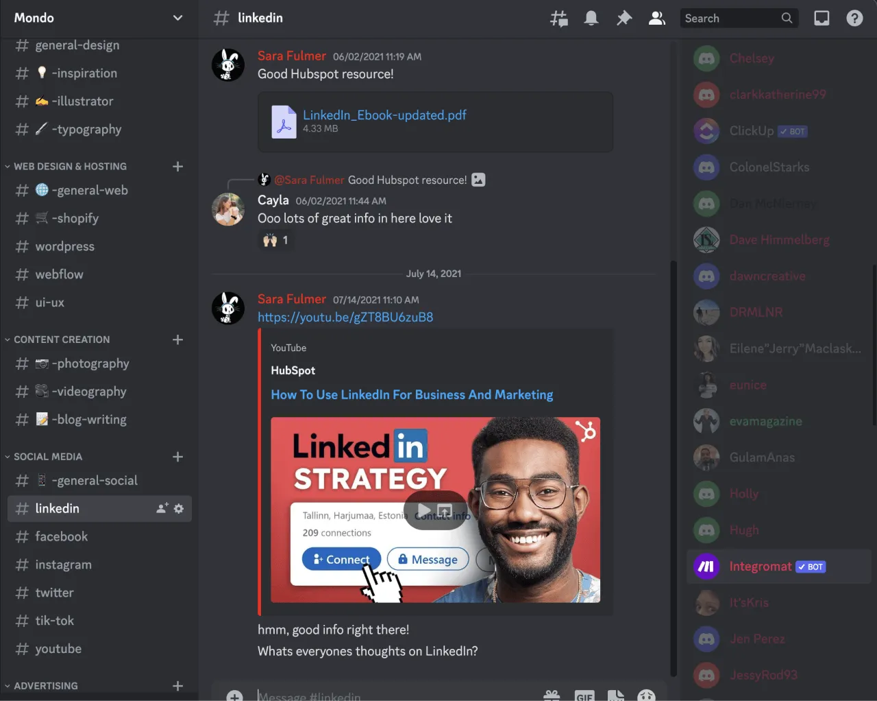 Mondo Discord screenshot of all the channels and text in discord