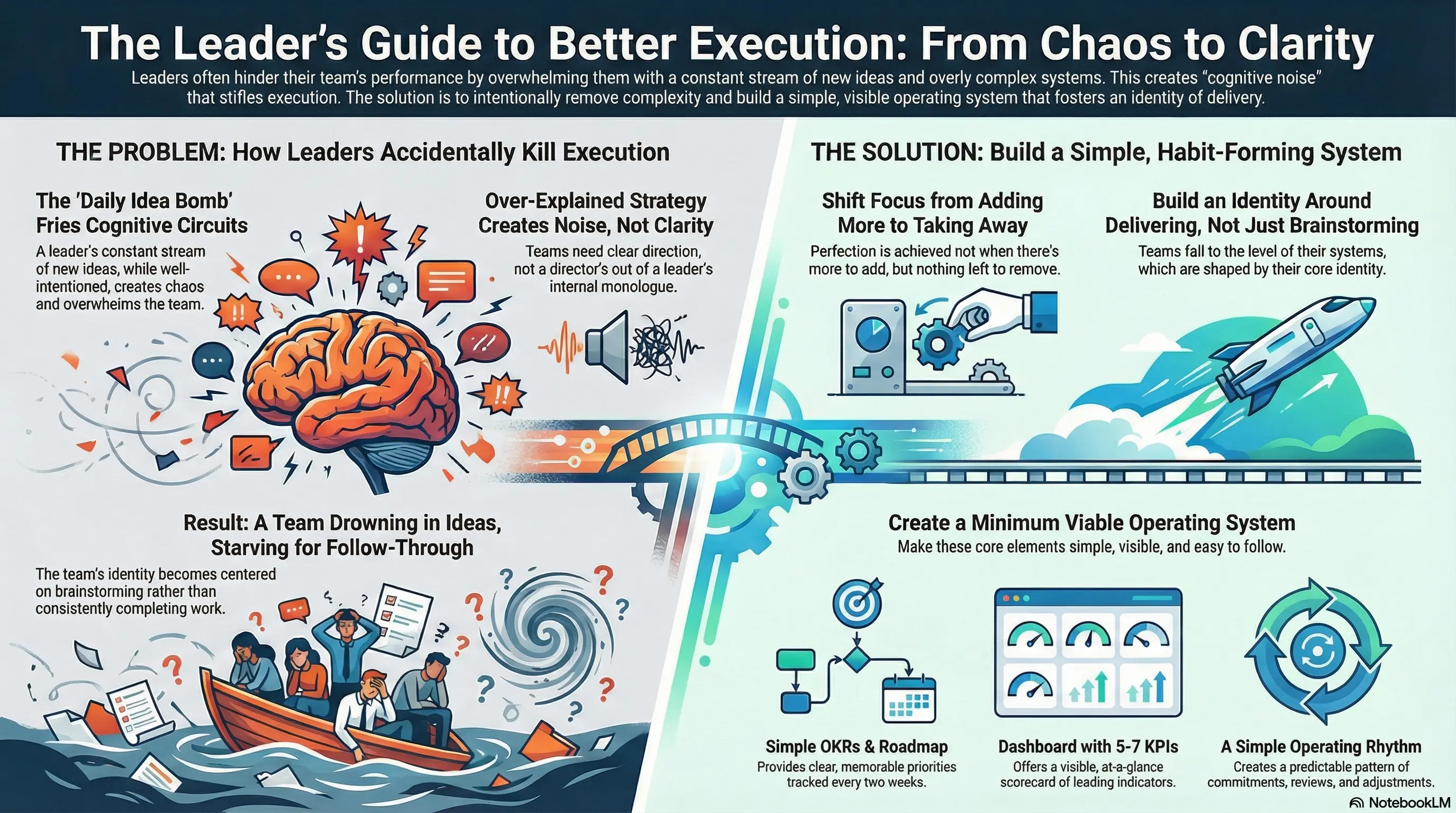 Infographic titled “The Leader’s Guide to Better Execution: From Chaos to Clarity.” The left side shows the problem: leaders overwhelming teams with constant new ideas and over-explained strategy, illustrated by a cluttered brain, noise icons, and a boat of confused people in rough water, leading to teams drowning in ideas and lacking follow-through. The right side shows the solution: simplifying and removing complexity, building an identity around delivery, and creating a minimum viable operating system. Visuals include gears, a rocket launching, dashboards, targets, OKRs, KPIs, and a simple operating rhythm, representing clarity, focus, and consistent execution.