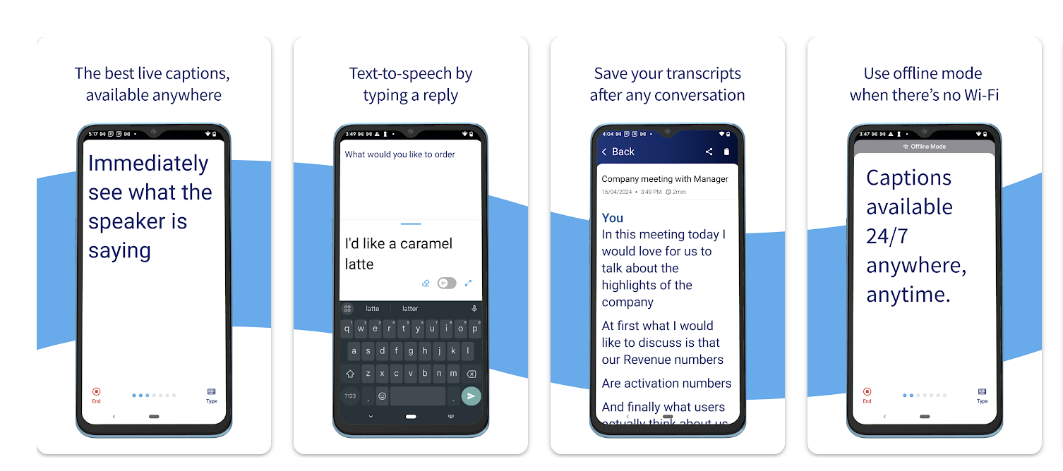 Live captions app screens showing real-time captions, text-to-speech reply typing, saved conversation transcripts, and offline mode for use without Wi-Fi
