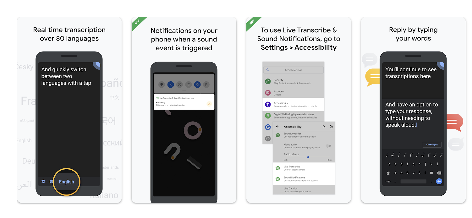 Mobile app screens demonstrating real-time transcription, sound notifications, accessibility settings, and typed responses for phone communication.