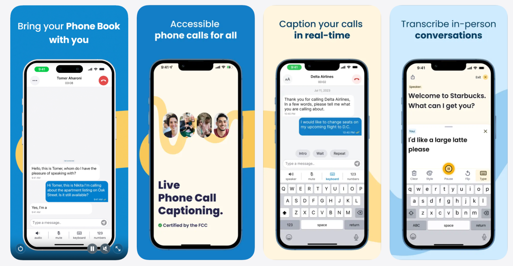Four smartphone screens showing Nagish live phone call captioning, real-time call transcription, and in-person conversation captions