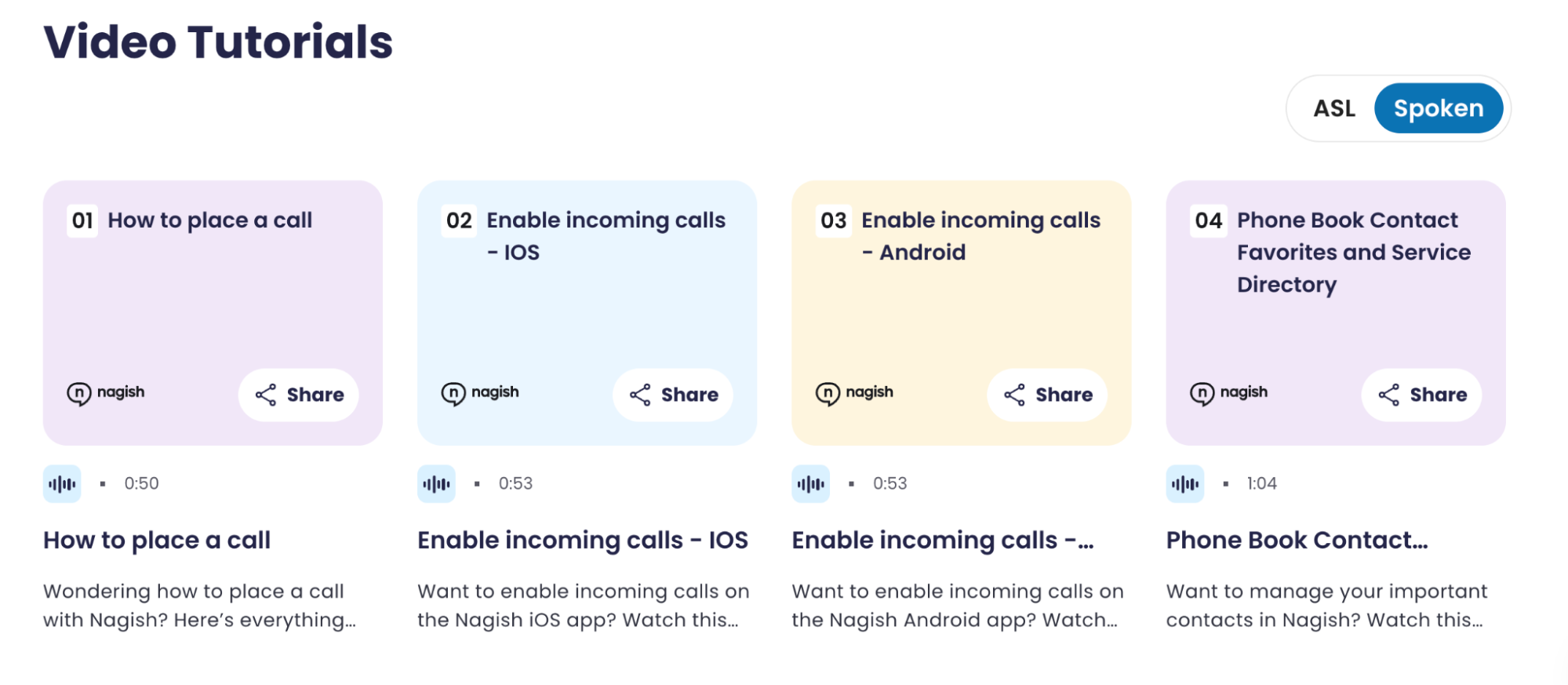 Nagish video tutorials page showing how to place a call and enable incoming calls on iOS and Android