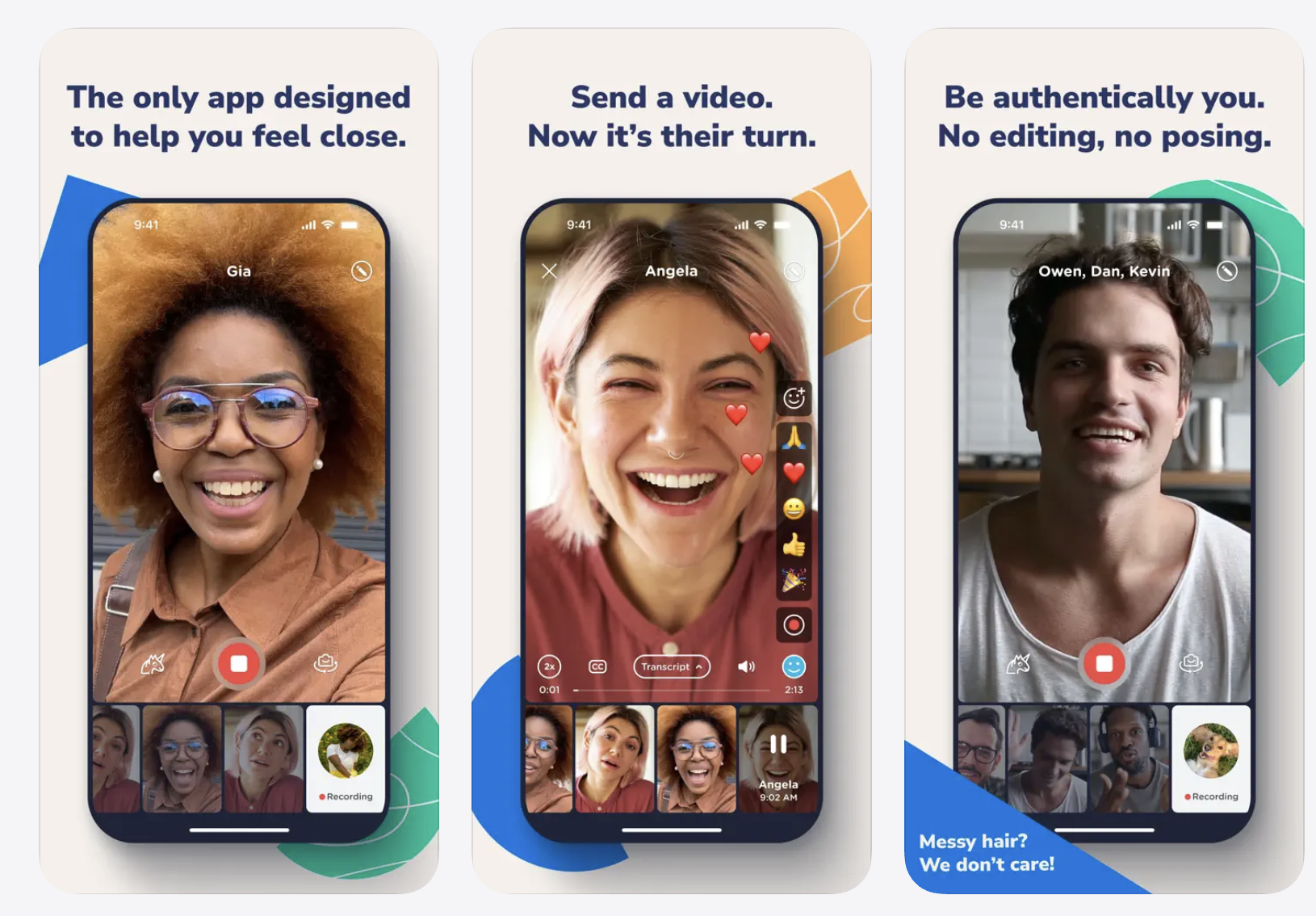 Mobile app screens showing authentic video messaging with live reactions and recording interface