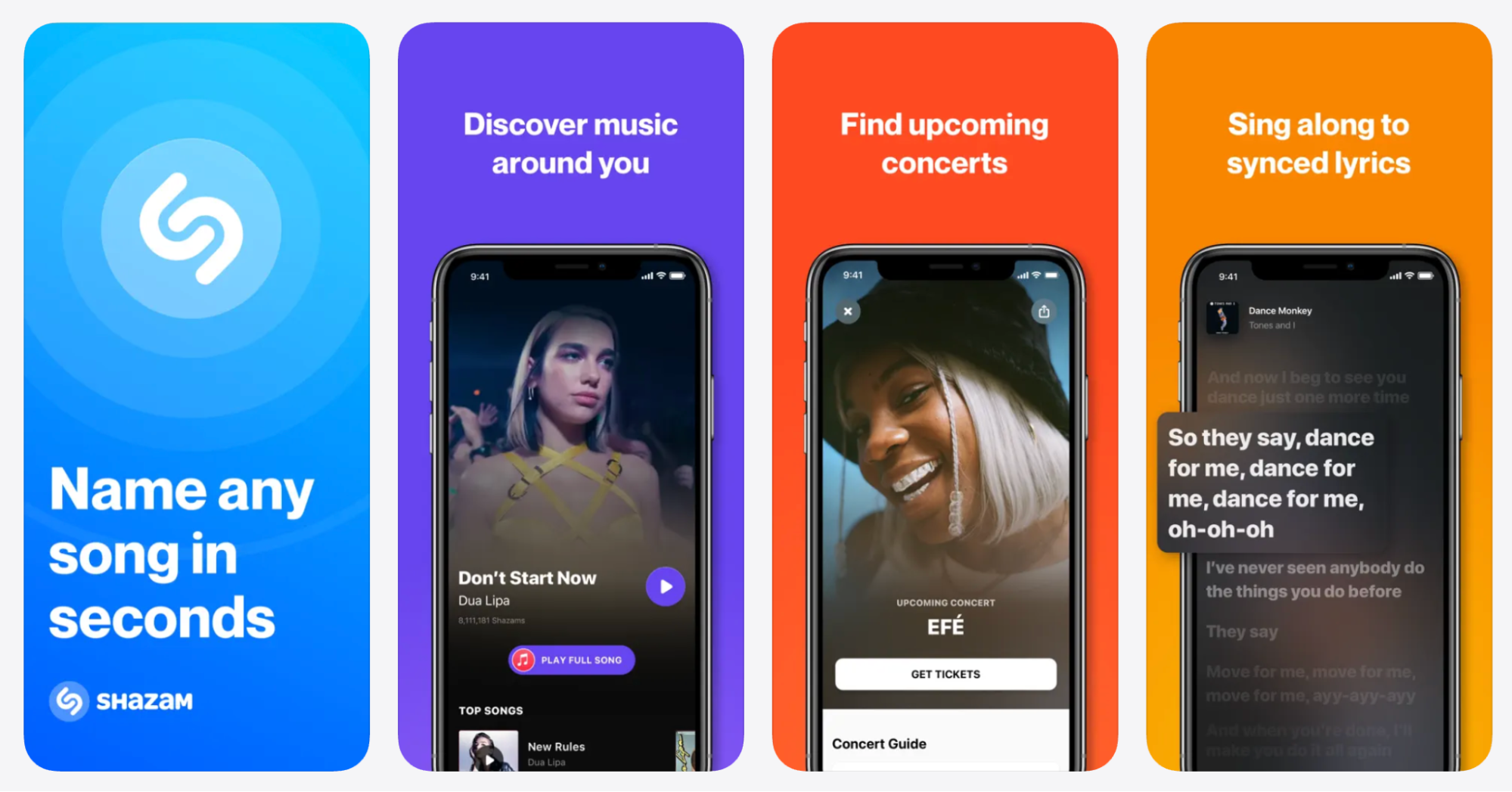 Shazam app feature screens showing song identification, music discovery, upcoming concerts, and synced lyrics