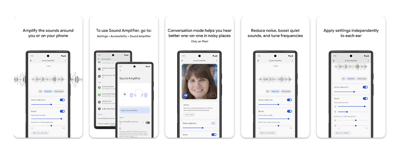 Android Sound Amplifier feature screens showing noise reduction, conversation mode, frequency tuning, and independent ear settings
