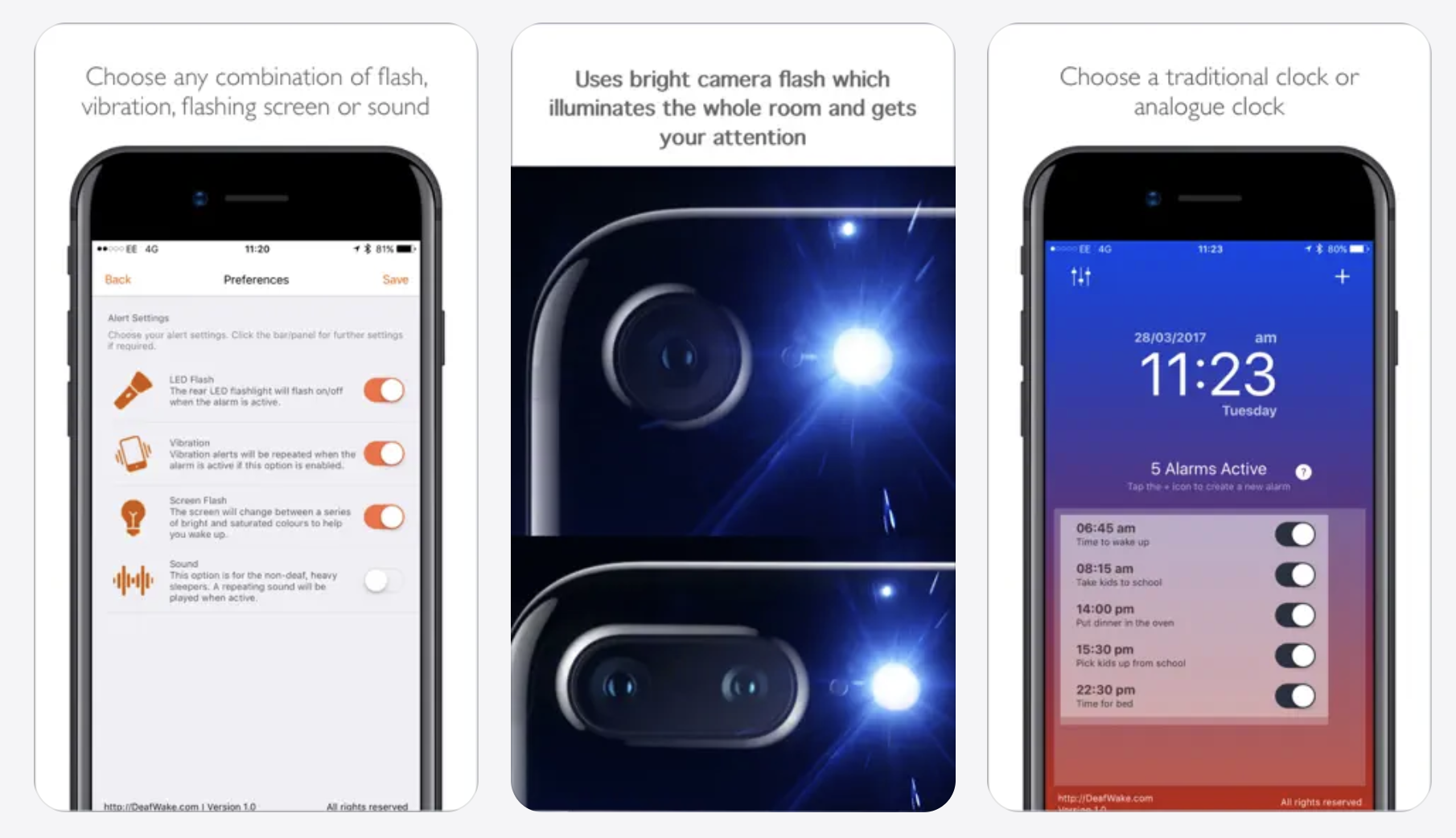 DeafWake alarm app screens showing customizable alerts with LED flash, vibration, screen flash, sound options, bright camera flash preview, and digital clock interface with multiple alarms active