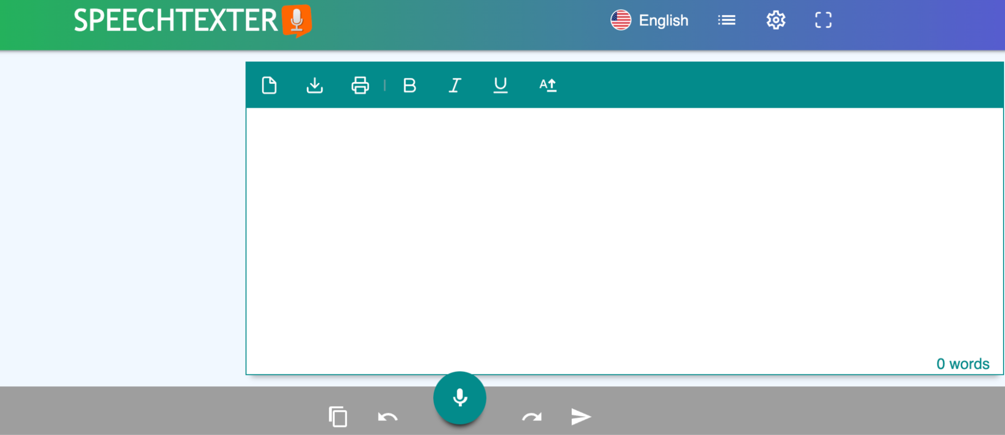 SpeechTexter web interface showing voice typing editor with microphone button, formatting tools, language selection, and real-time word counter