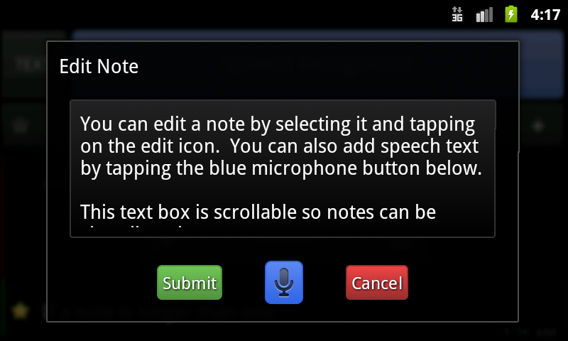 Android speech recognition app showing note list, category view, and edit note screen with microphone input and submit or cancel buttons