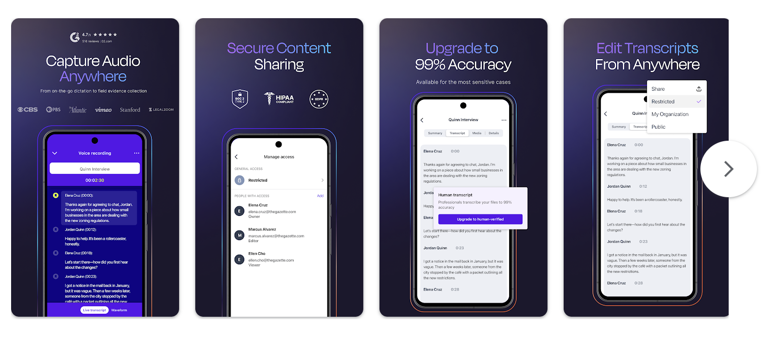 Rev voice recorder app screenshots highlighting audio capture anywhere, secure HIPAA compliant content sharing, 99 percent accuracy upgrade, and transcript editing with access controls