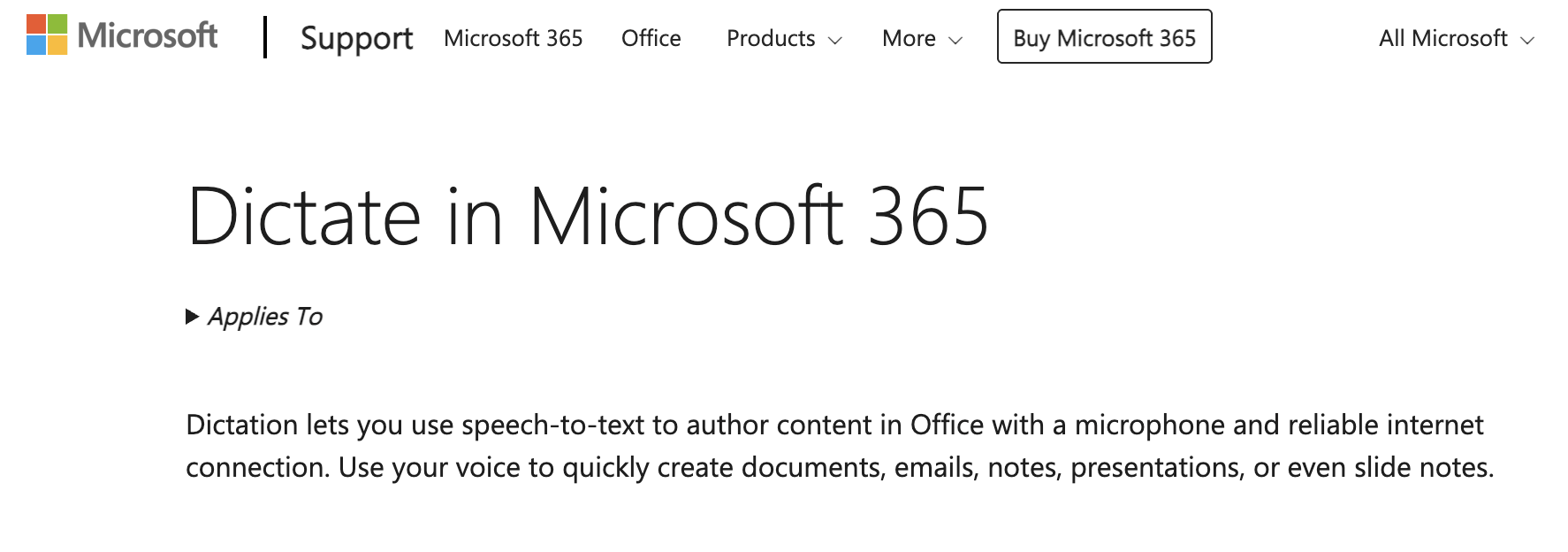 Microsoft Support page titled Dictate in Microsoft 365 explaining speech to text features for creating documents, emails, notes, presentations, and slide notes using a microphone and internet connection