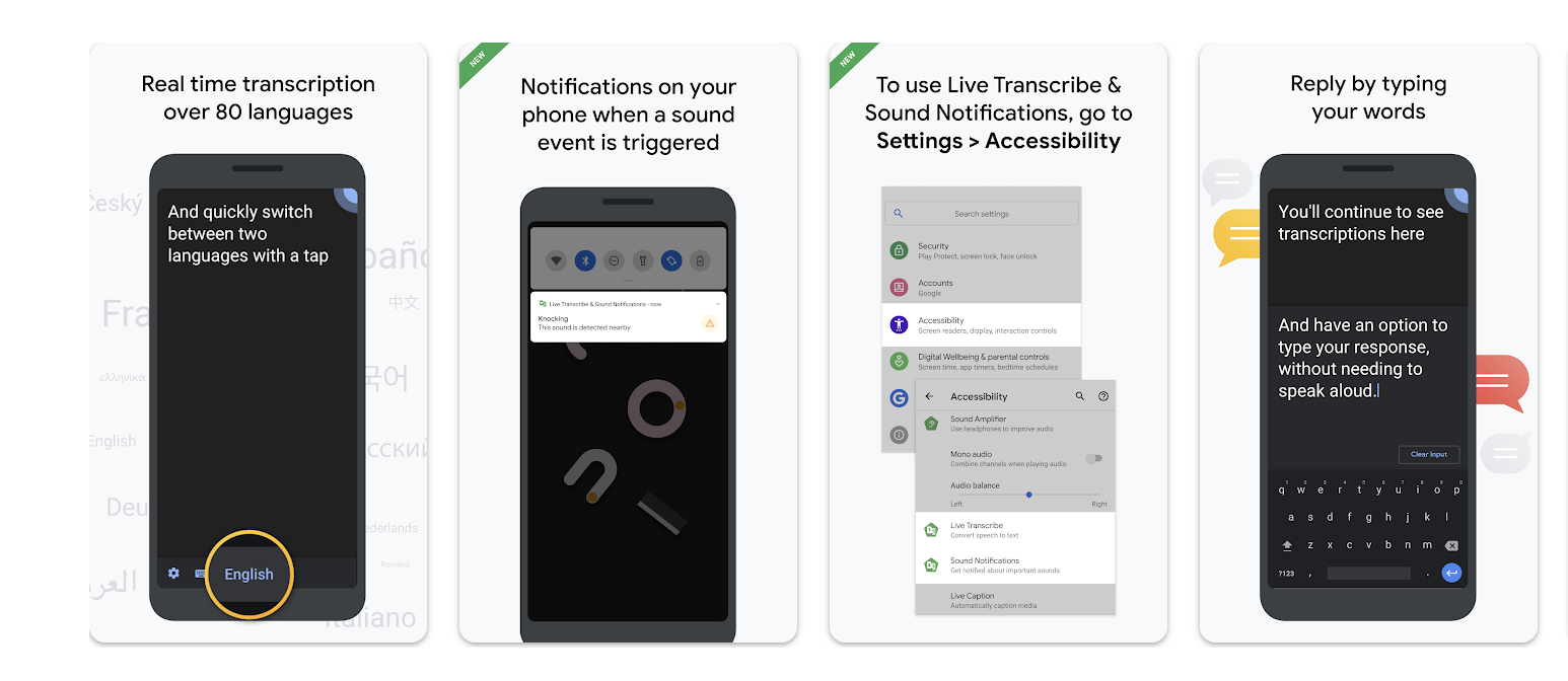 Google Live Transcribe app screens showing real time transcription in over 80 languages, sound event notifications, accessibility settings path, and option to reply by typing instead of speaking
