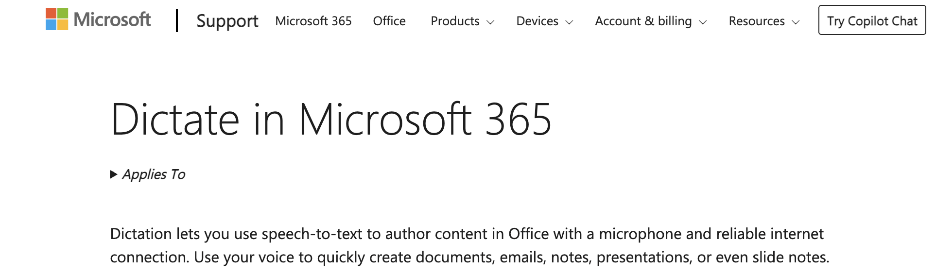 Microsoft Support page titled Dictate in Microsoft 365 explaining speech to text dictation in Office with microphone and internet connection