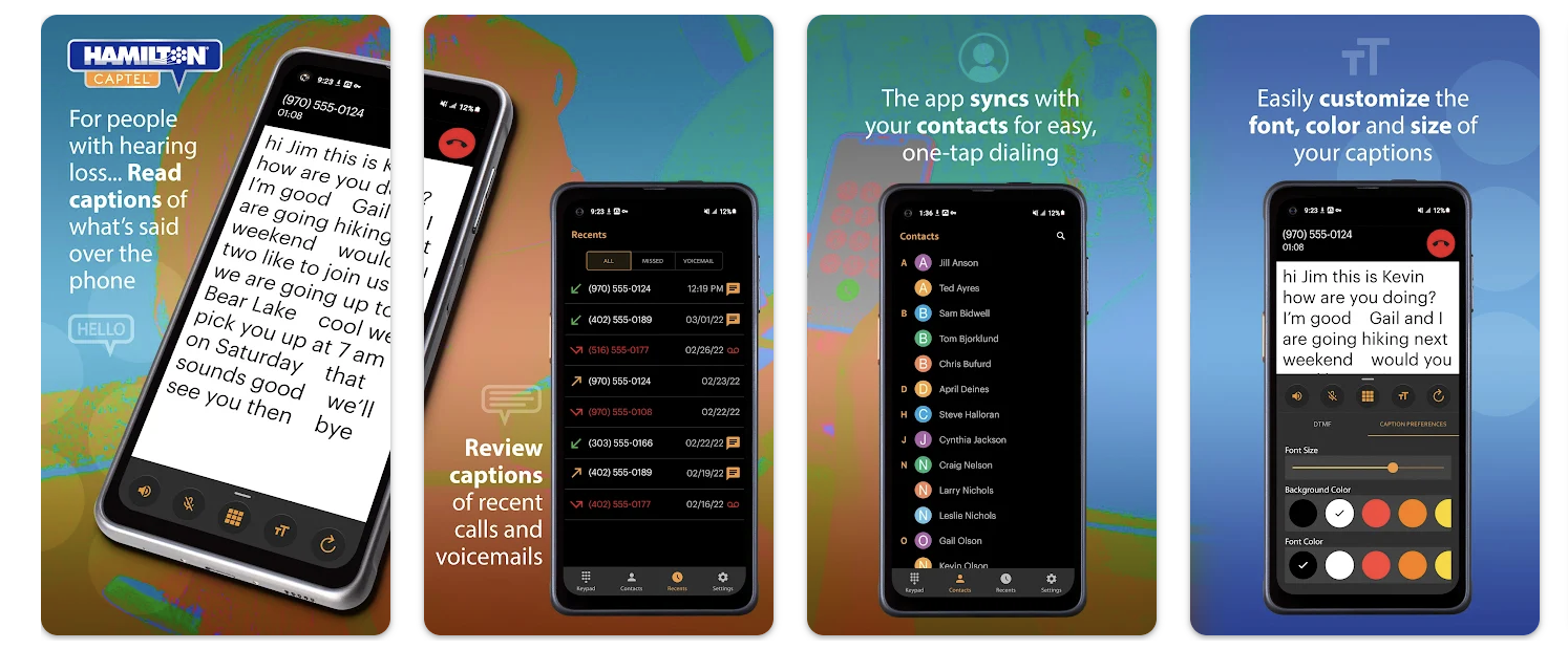 Four mobile screens of the Hamilton CapTel app showing live call captions for people with hearing loss, recent call and voicemail caption review, contact syncing for one-tap dialing, and customizable caption font, color, and size