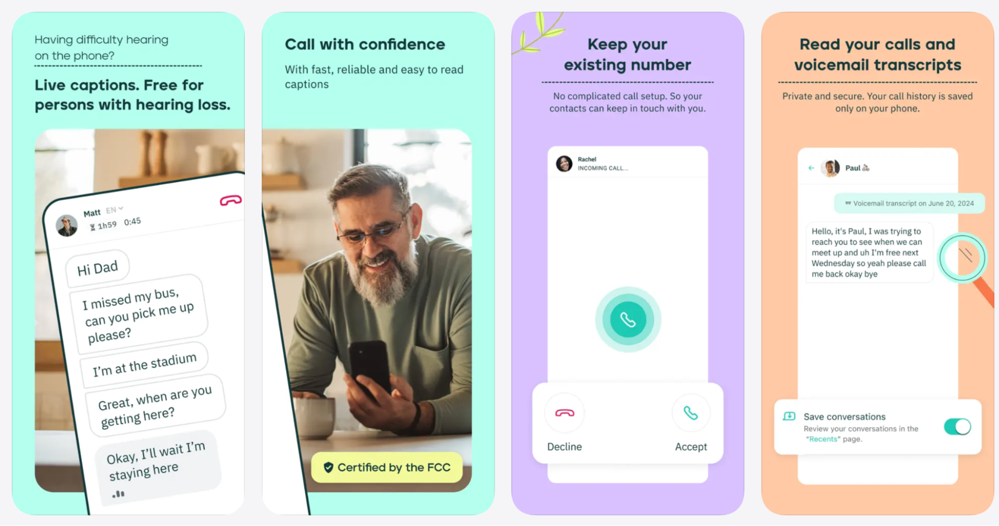 Four mobile app screens showing live phone call captions for people with hearing loss, confident calling with real-time captions, keeping an existing phone number, and saved voicemail transcripts with conversation history