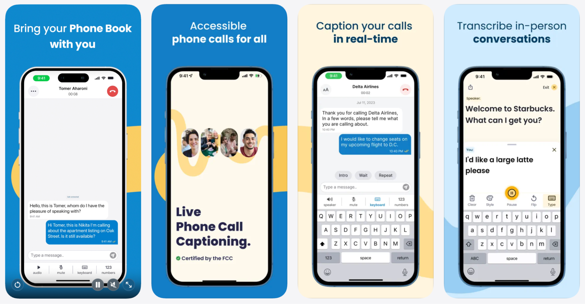 Screenshots of text-to-speech iPhone apps showing live phone call captioning and real-time conversation transcription in 2026