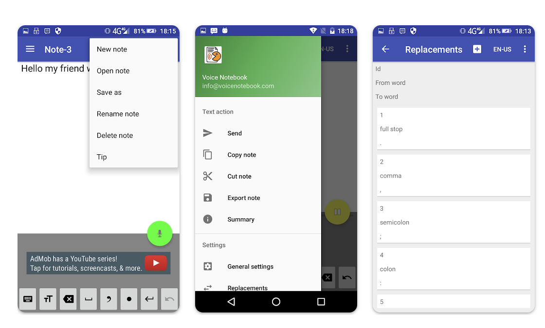 Speech-to-text Android app showing voice note settings, text replacements, and export options in 2026