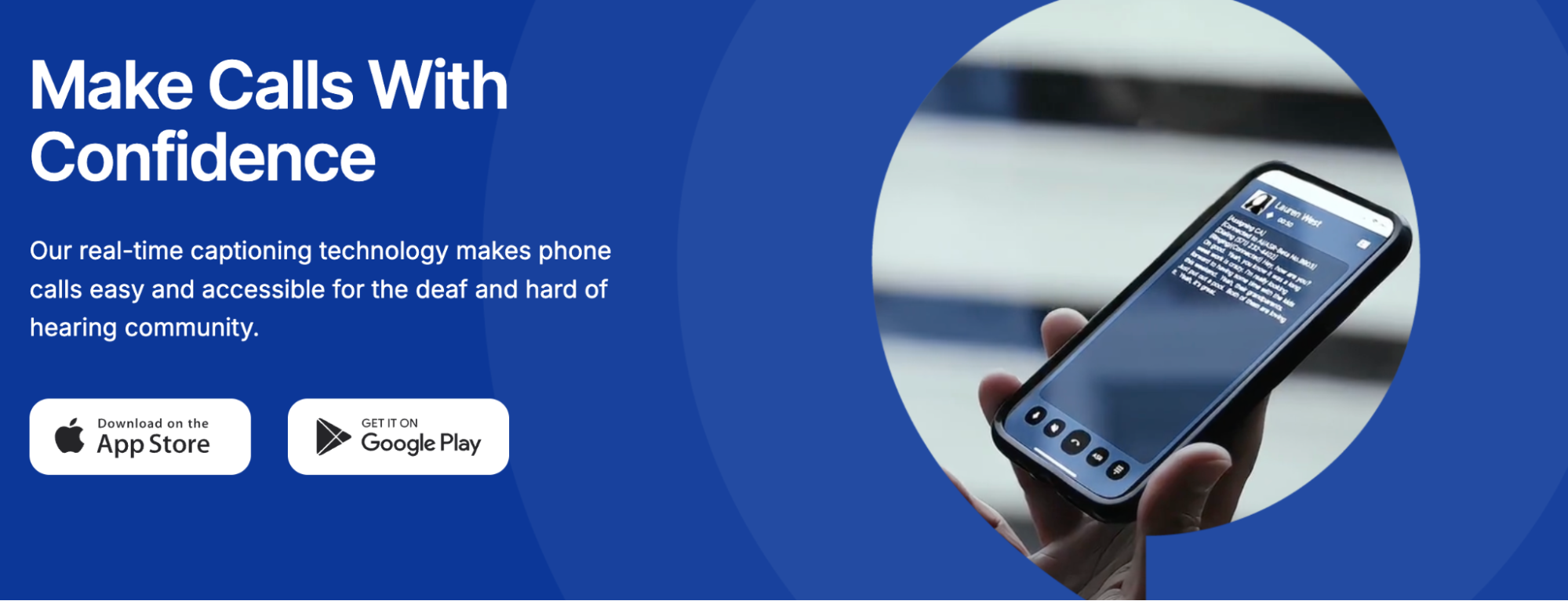 Smartphone displaying a real-time captioning call interface used by the Nagish app, helping deaf and hard of hearing users read live captions during phone conversations.