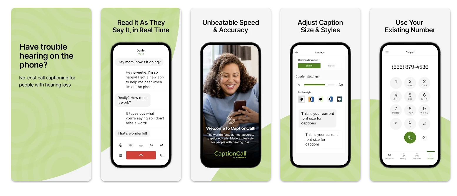 Smartphone screens showing Nagish call captioning app features including real-time call captions, caption customization settings, fast transcription accuracy, and dialing with an existing phone number. Caption (Optional)
