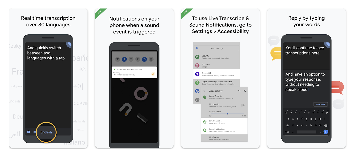 Smartphone screens demonstrating live transcription and sound notification accessibility features, including real-time speech-to-text and typed replies for communication.