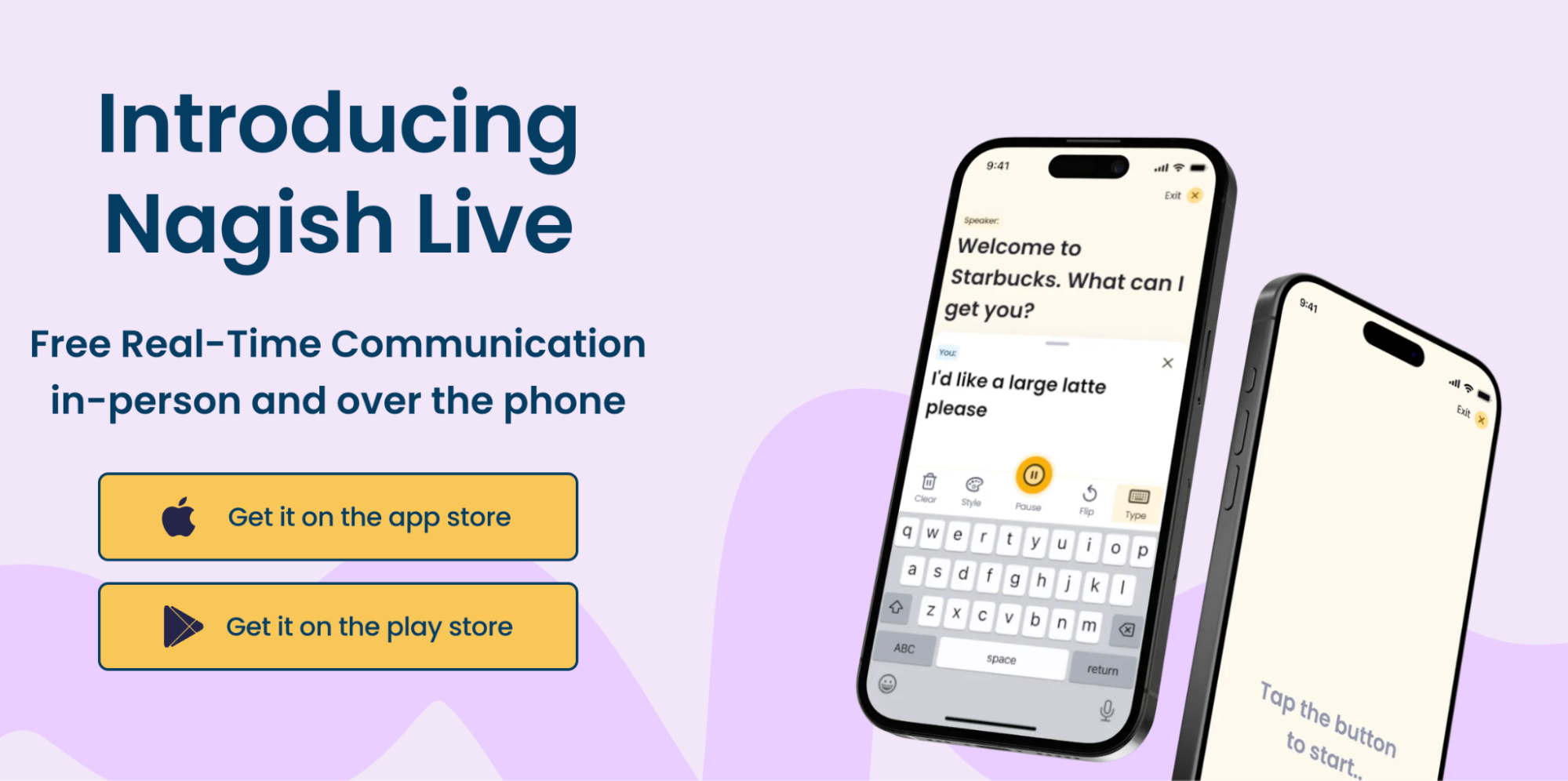 Nagish Live app interface on smartphones showing real time transcription during an in person conversation, allowing users to read and type responses instantly.