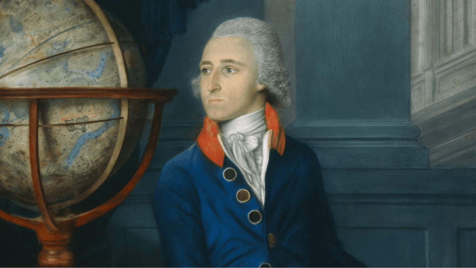 historical portrait of man in blue coat seated beside a large globe in a study