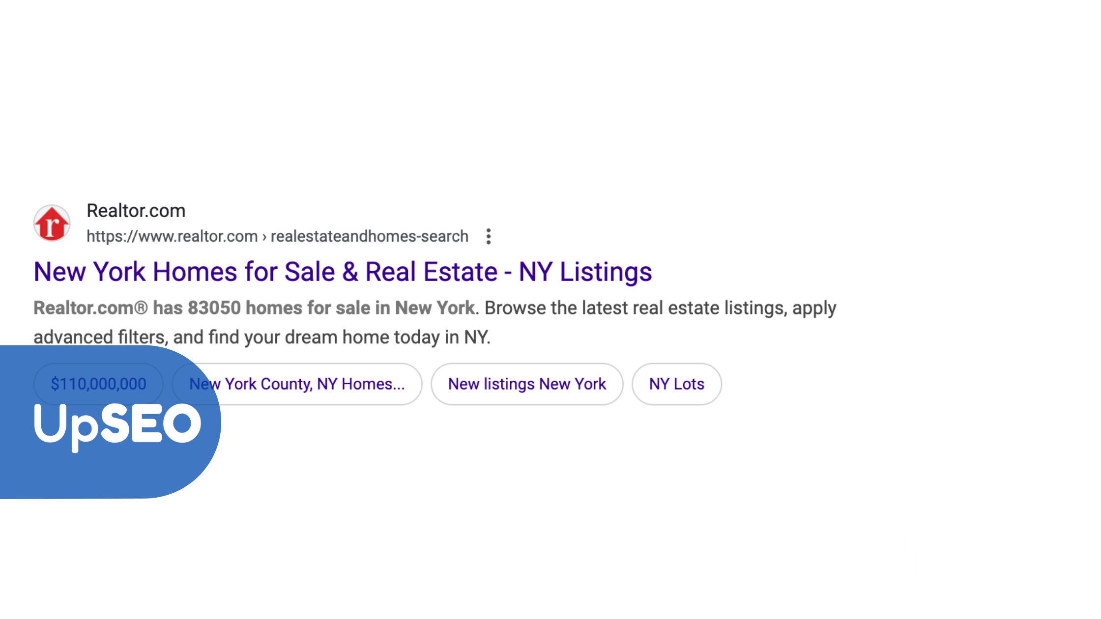 Realtor.com screenshot showcasing New York real estate listings with UpSEO, emphasizing meta description optimization for higher SEO rankings.