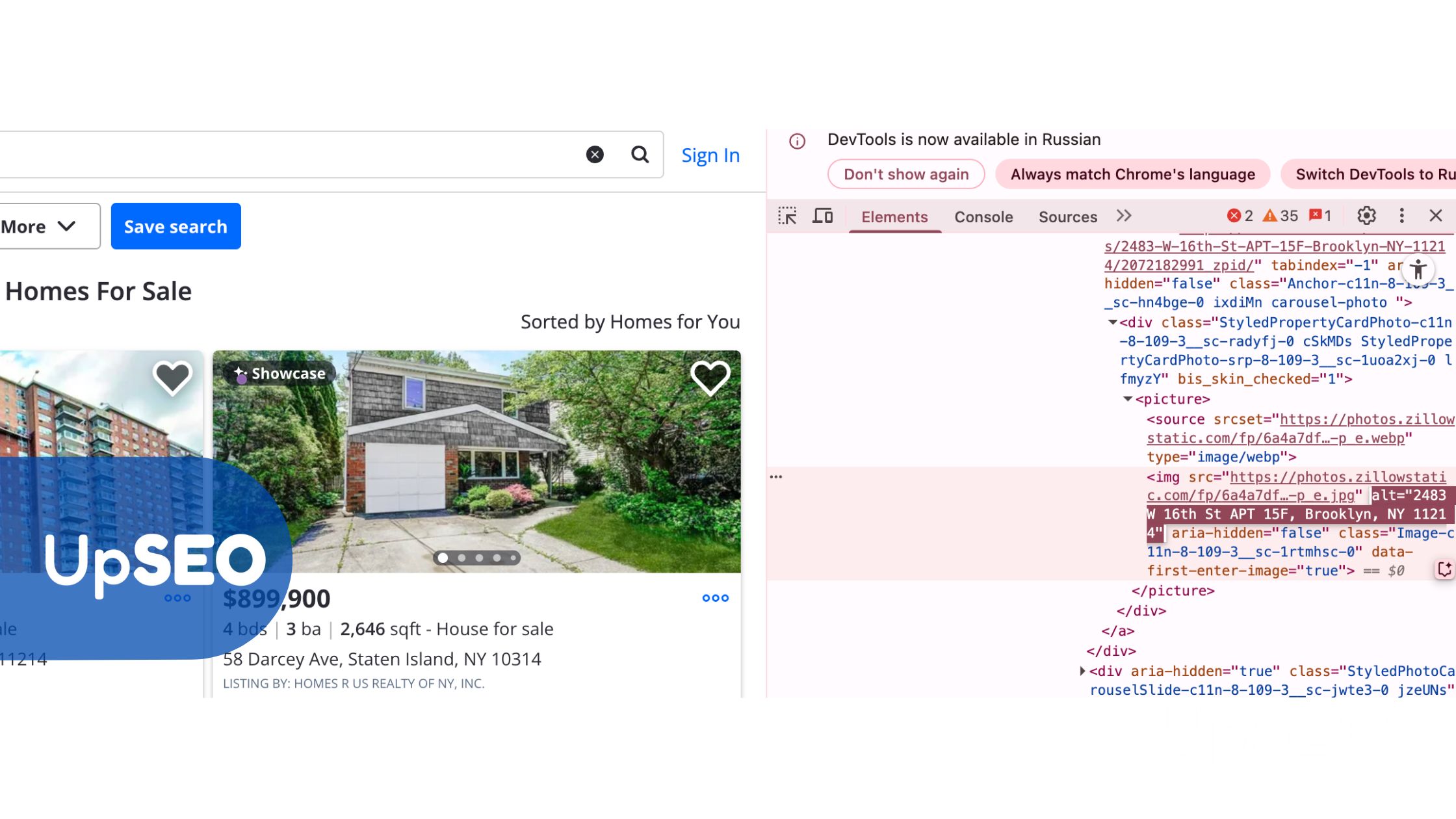 Zillow screenshot of a $899,900 home for sale in Staten Island with UpSEO, showcasing the importance of alt text for SEO image optimization.