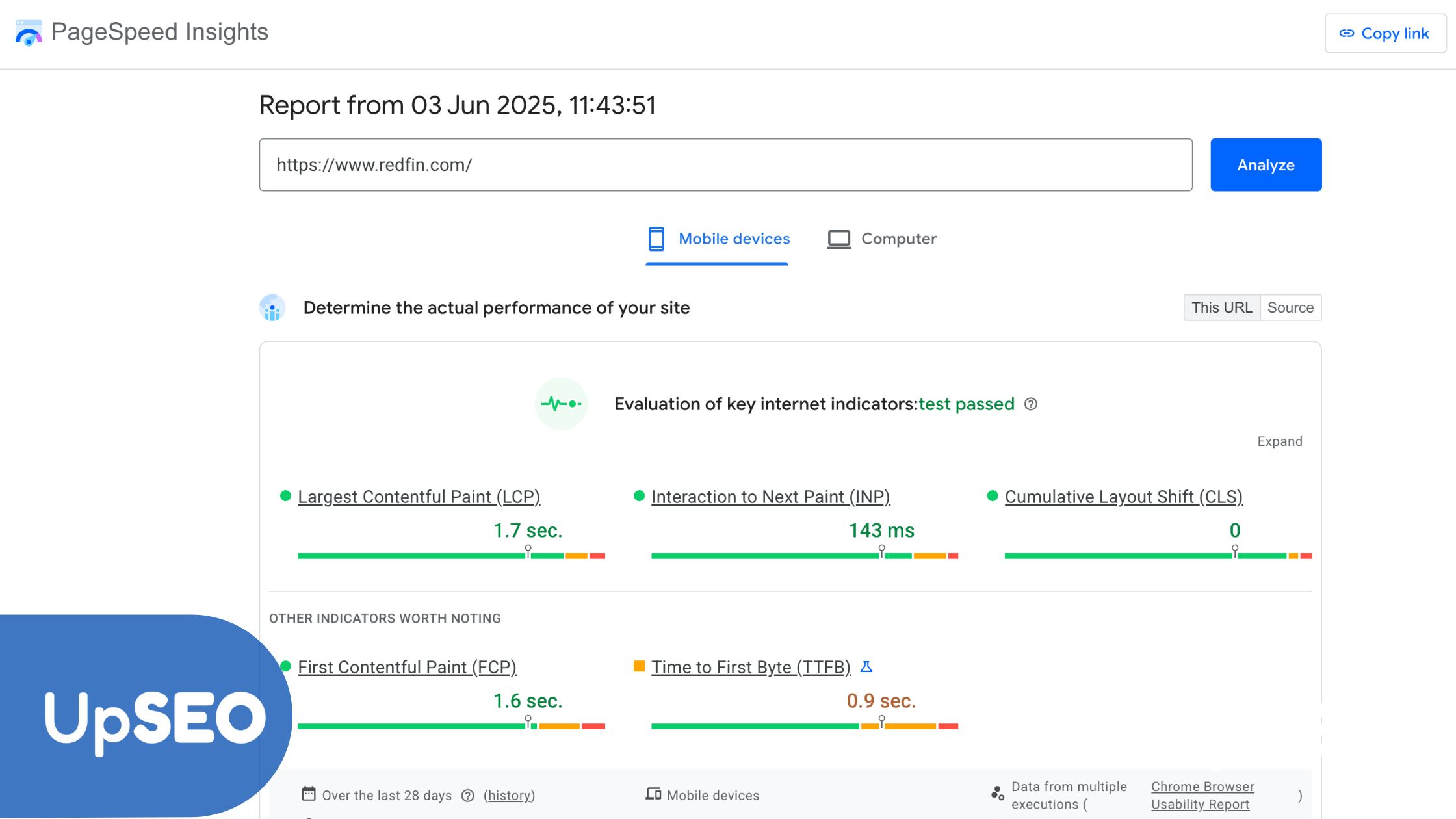 PageSpeed Insights report for Redfin showing mobile performance metrics with UpSEO, highlighting tips for mobile-friendly real estate listings.