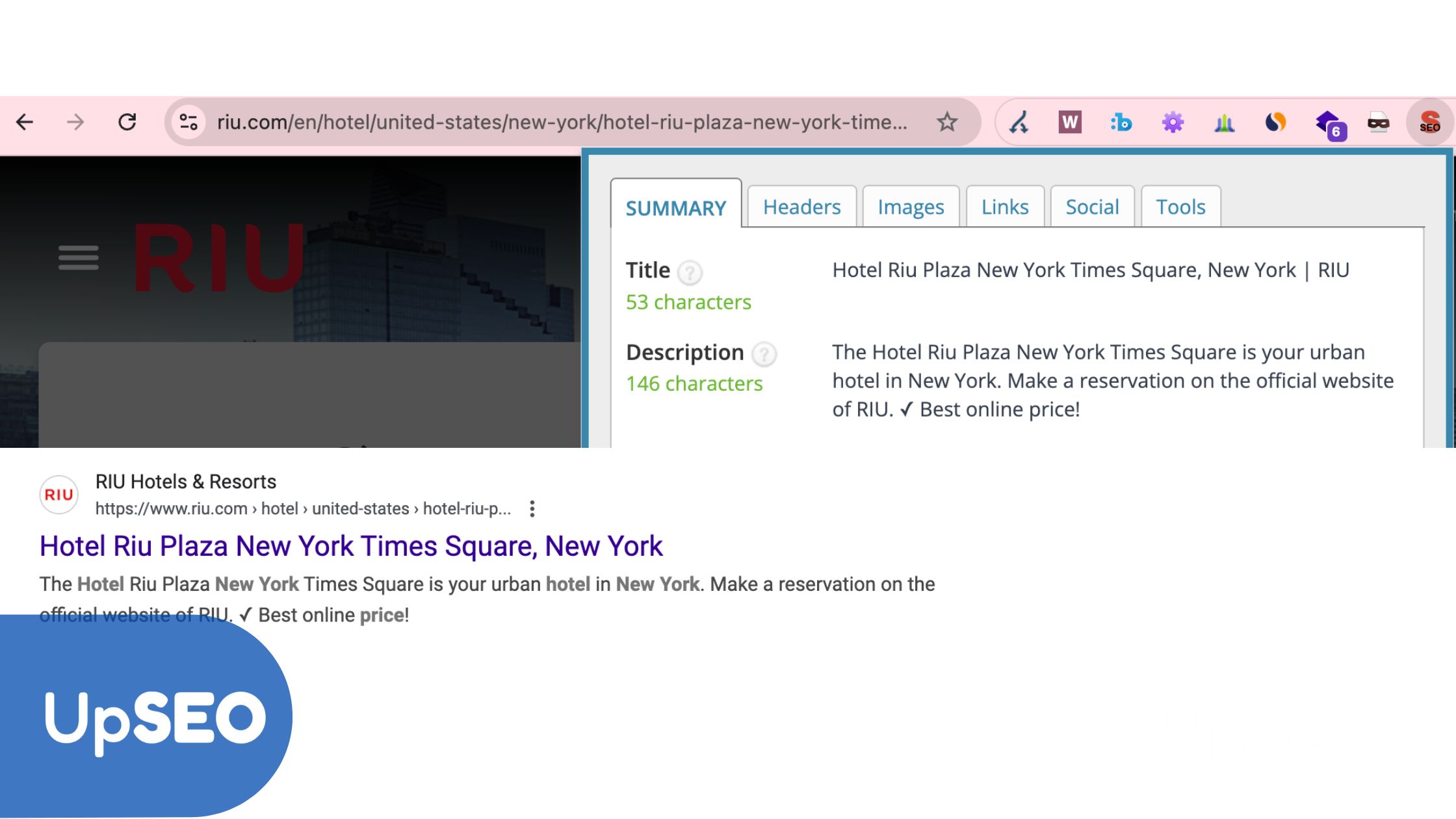 SEO analysis of Hotel Riu Plaza New York Times Square page with UpSEO, highlighting effective meta description strategies for hotel bookings.