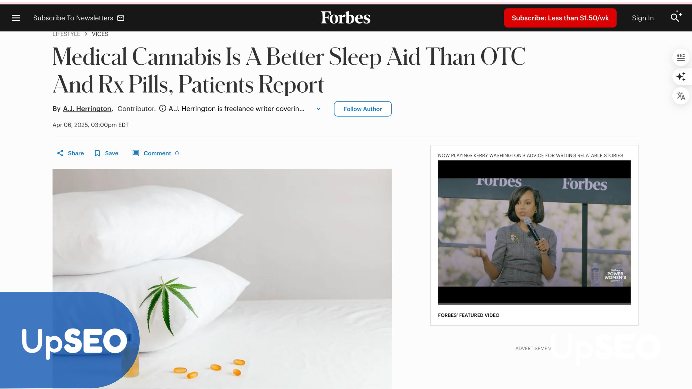 Forbes article on medical cannabis as a sleep aid with UpSEO, highlighting its growing online visibility and health benefits for SEO optimization.